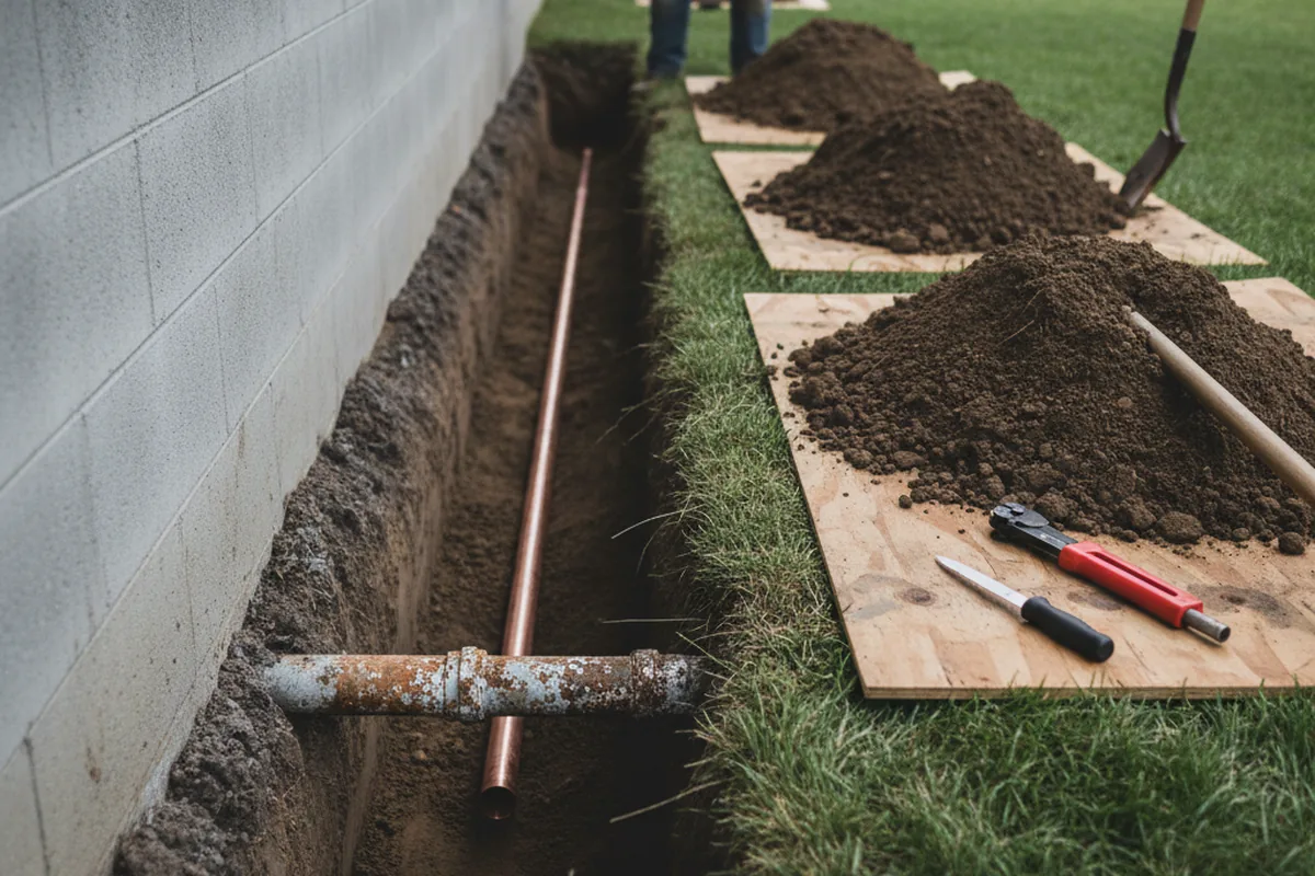 Excavated water line trench during Water Softener Installation in Wind Ridge